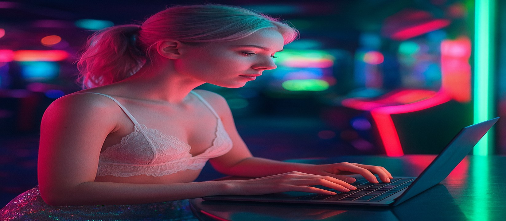 নিয়ন আলোয় আলোকিত পরিবেশে একজন নারী ল্যাপটপে এভিয়েটর-গেম খেলছেন