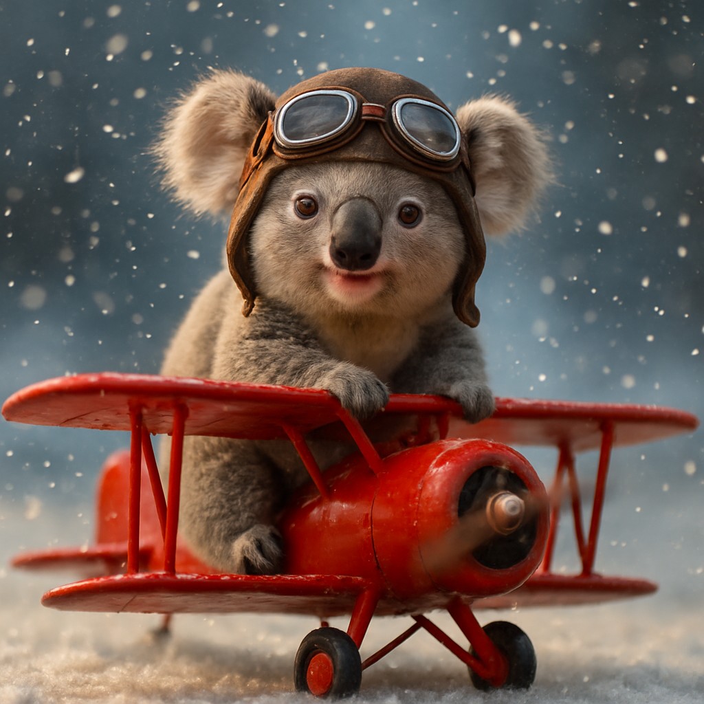 লাল প্রপেলারযুক্ত বিমানে আকাশে উড়ে যাচ্ছে একটি কার্টুন-স্টাইলের পাইলট