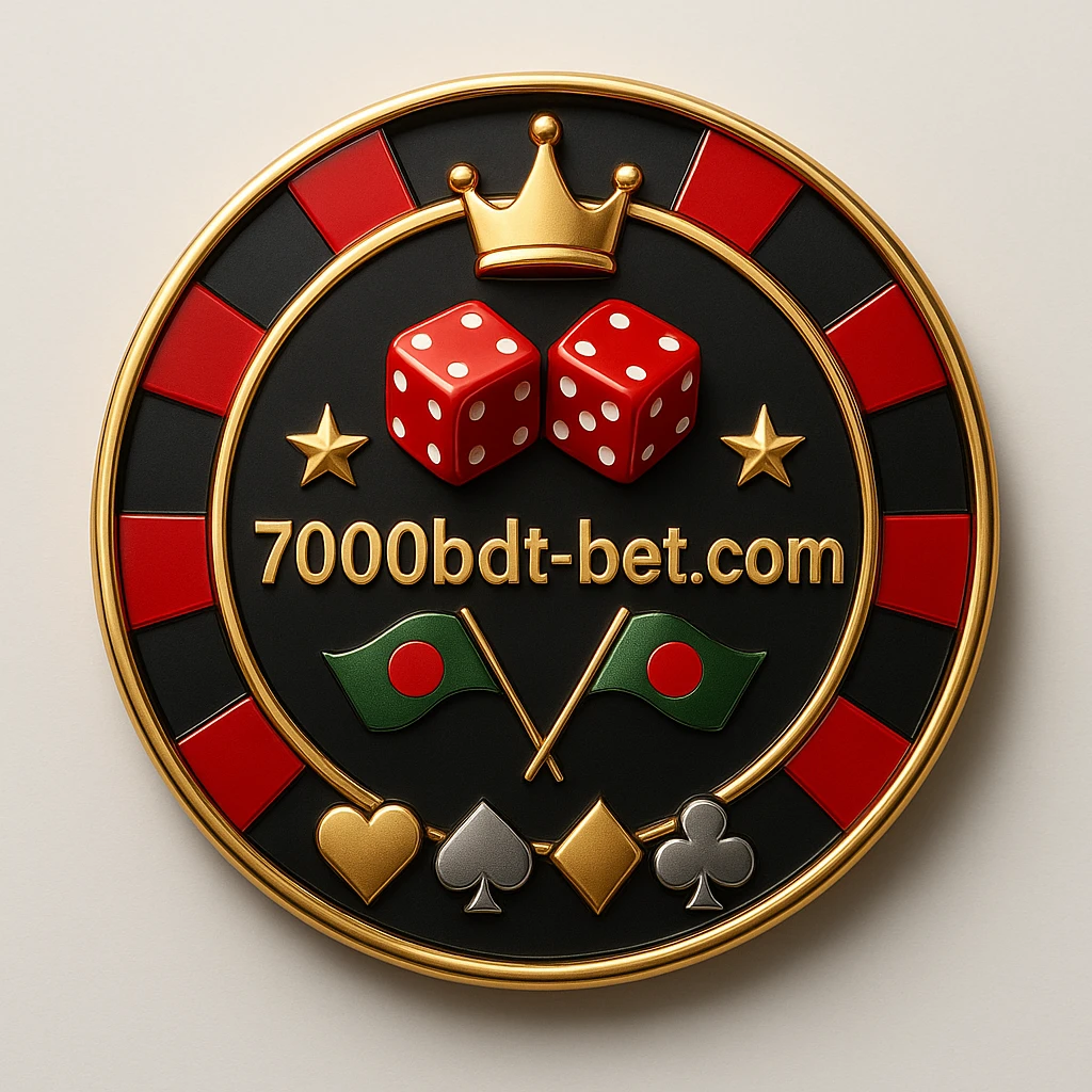 7000bat লোগোসহ সোনালি গেমিং প্ল্যাটফর্ম চিপ, মুকুট, তারা, পাশা, বাংলাদেশের পতাকা ও কার্ডের চিহ্ন
