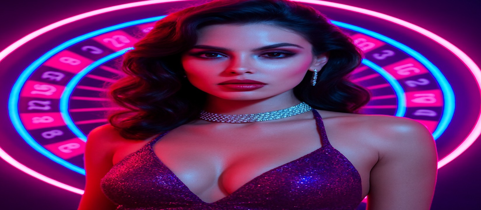 ঝলমলে বেগুনি পোশাকে এক নারী, পেছনের আলোকিত বৃত্তাকার চক্র ও উড়ন্ত গেমিং প্ল্যাটফর্ম চিপ