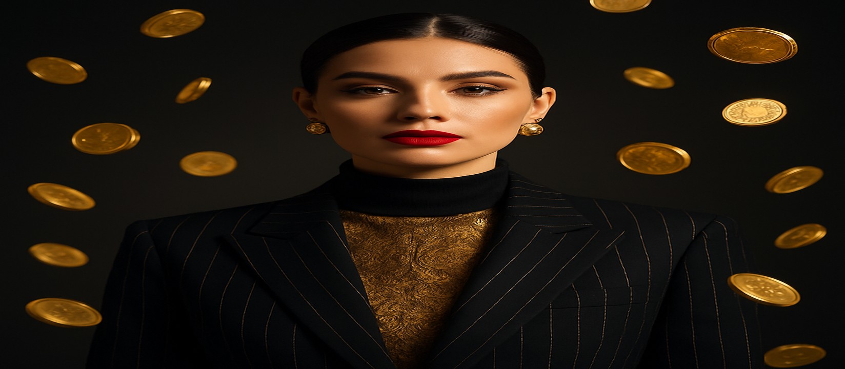 কালো ডোরাকাটা পোশাকে সোনালি আলোয় উদ্ভাসিত এক নারী, চারপাশে ভাসমান সোনার কয়েন