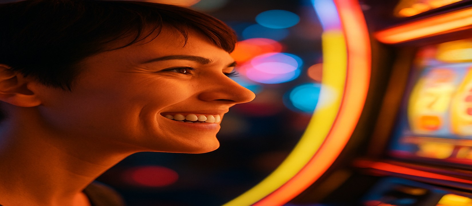 রঙিন আলোয় 7000bat প্ল্যাটফর্মে আর্কেড গেম খেলে থাকা হাসিখুশি নারী