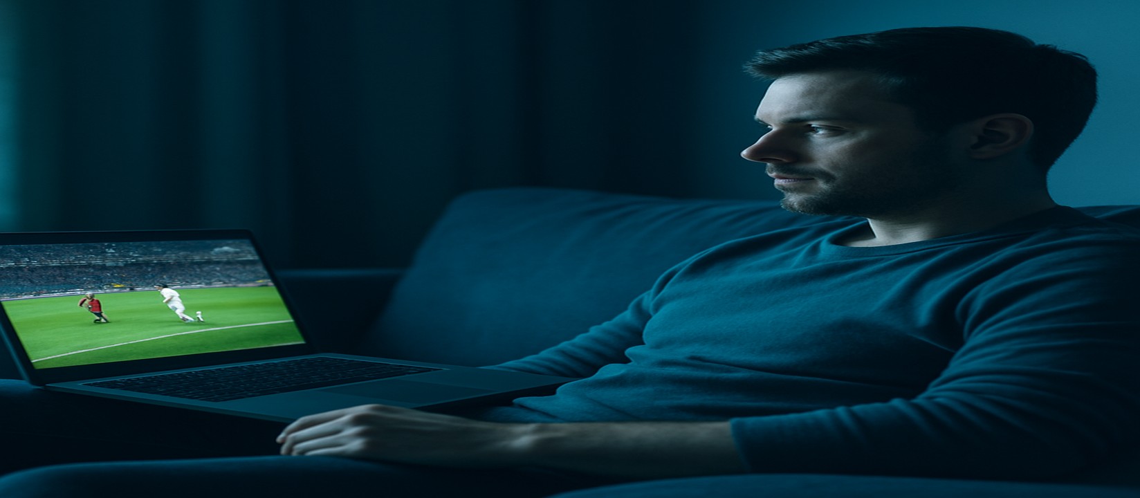 সোফায় আরাম করে বসে 7000bat প্ল্যাটফর্মে ল্যাপটপে অনলাইন গেম খেলা একজন ব্যবহারকারী